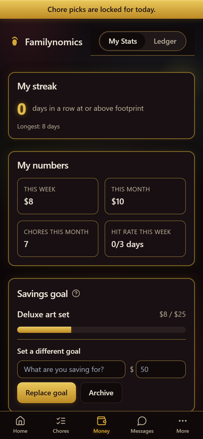 Child stats with savings goal and streak, Luxurious theme