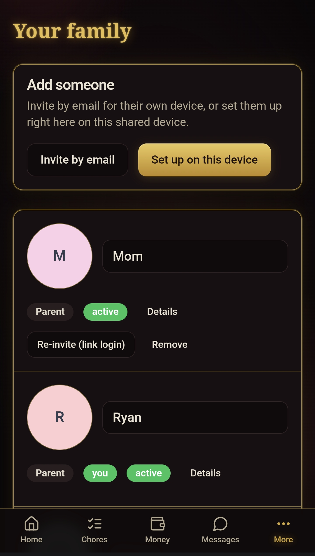 The family screen: add a co-parent on the shared device
